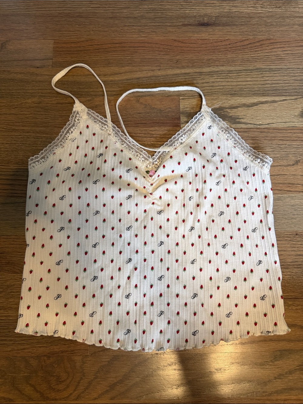 VS PINK Delicate Lace Trim White Strawberry Print Cami Top